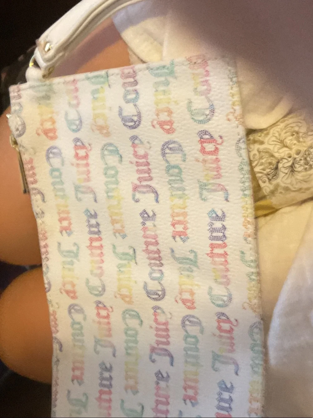 Juicy Couture Rainbow Logo Zip Pouch - White approx 10” x 6”